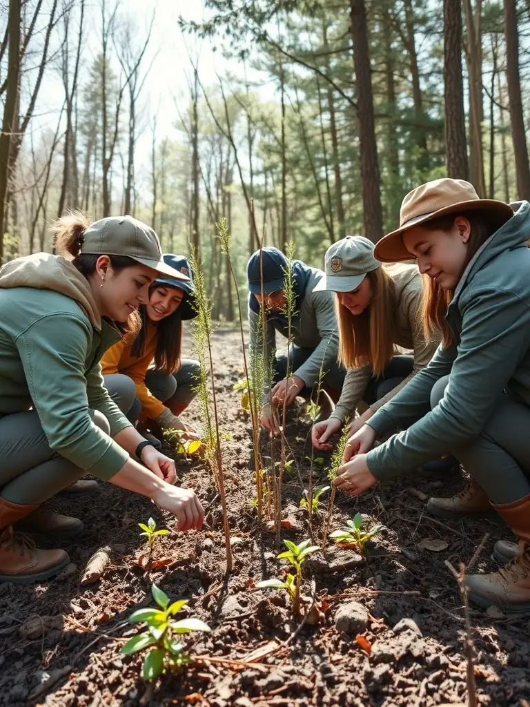 A photograph capturing a group of ACCA members participating in a habitat restoration project, planting trees and clearing invasive species, demonstrating their commitment to environmental stewardship.