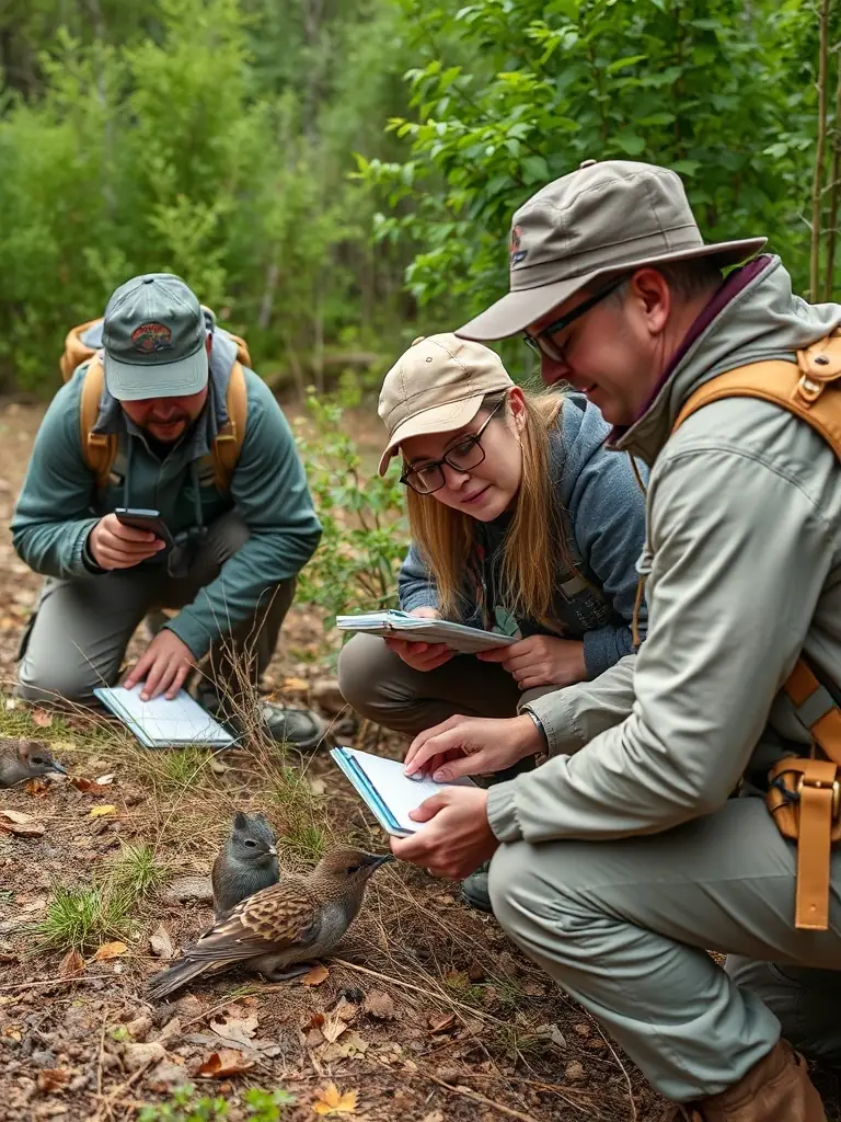 An image showing ACCA members conducting a wildlife population survey, carefully observing and recording data on local animal species, illustrating their dedication to scientific monitoring.