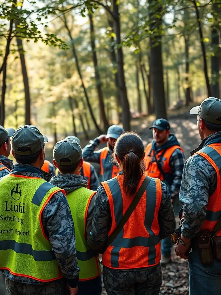 A photograph depicting a group of hunters participating in a training session on ethical hunting practices in a natural setting, emphasizing responsible wildlife management.