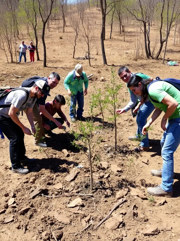 A photograph featuring volunteers participating in a habitat restoration project, planting trees and clearing invasive species to enhance biodiversity.