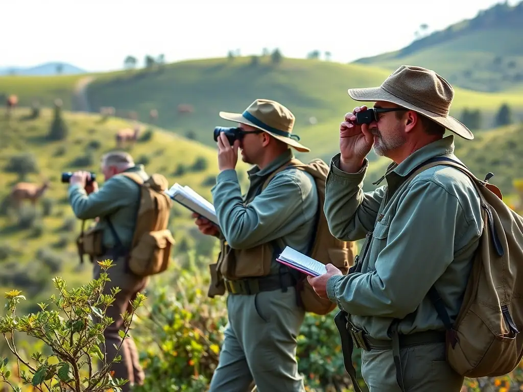 A group of ACCA members participating in a wildlife monitoring activity in the Fontanges region, using binoculars and recording data.