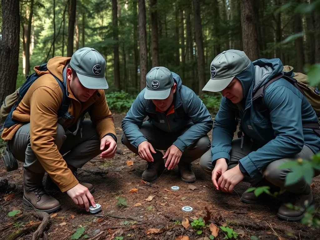 An image showing ACCA Fontanges members conducting a wildlife population survey, using binoculars and tracking equipment to monitor animal numbers and health in the region.