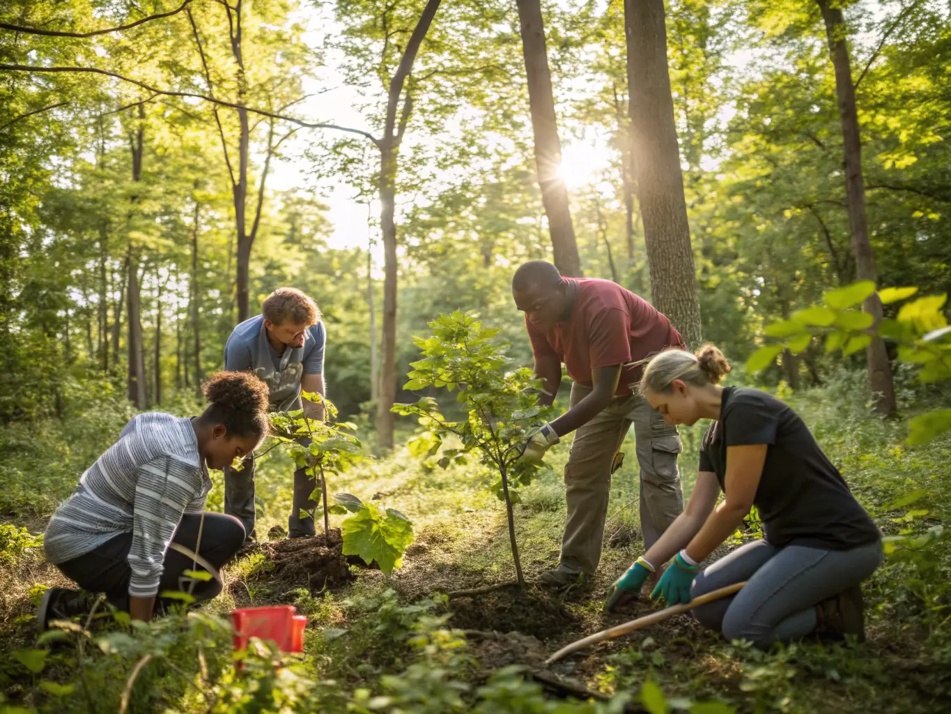 An image depicting a group of ACCA Fontanges members participating in a habitat restoration project, planting trees and clearing invasive species to improve the local ecosystem.