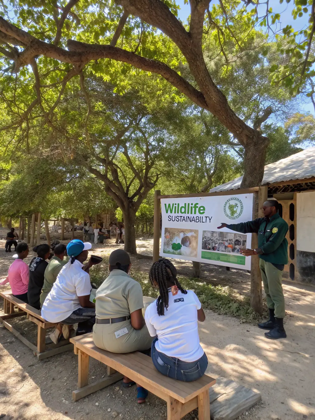A photograph showing community members participating in an educational workshop on wildlife conservation, promoting awareness and sustainable practices.