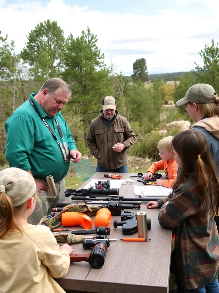 A photograph of ACCA members conducting a workshop on responsible hunting practices for local youth, with educational materials visible.
