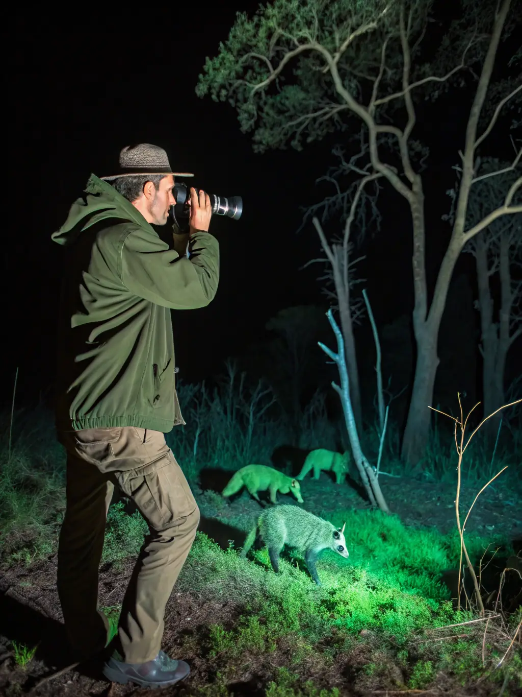 A photograph showcasing wildlife researchers monitoring animal populations in their natural habitat, highlighting the importance of ecological balance.