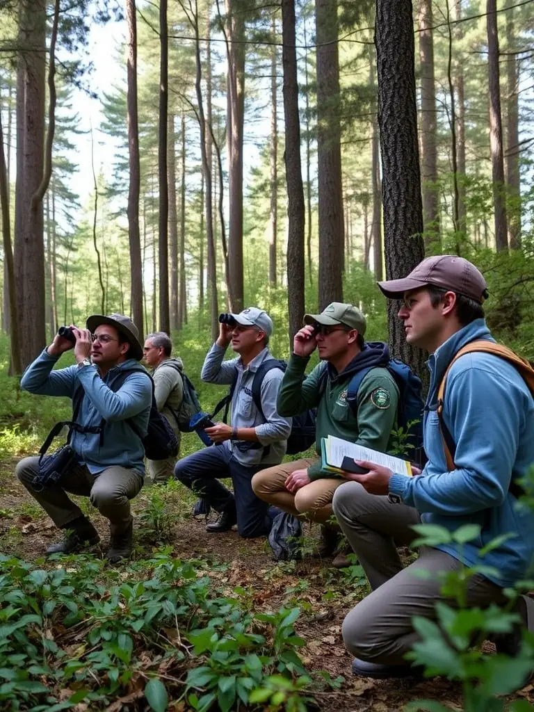 A photograph depicting ACCA members participating in a wildlife census, counting deer in a forest clearing during early morning.